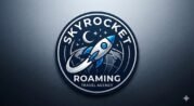 Skyrocket Roaming travel agency logo with a rocket and stars