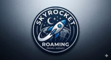 Skyrocket Roaming travel agency logo with a rocket and stars